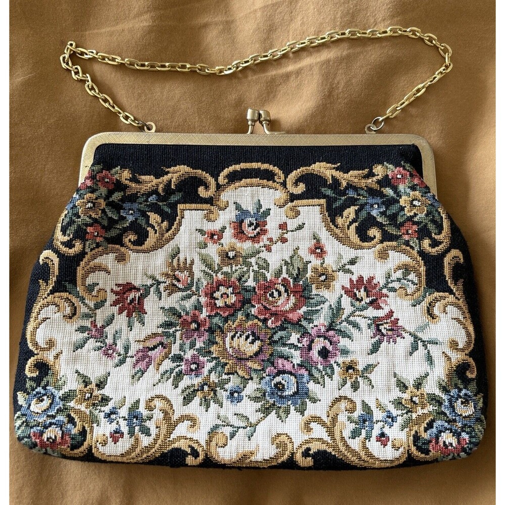 Vintage Walborg Tapestry Embroidery Clutch With Chain -